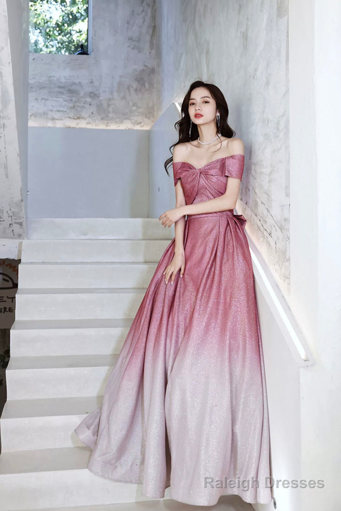 Beautiful Gradient Floor Length A-Line Prom Dress, Off The Shoulder Evening Party Dress