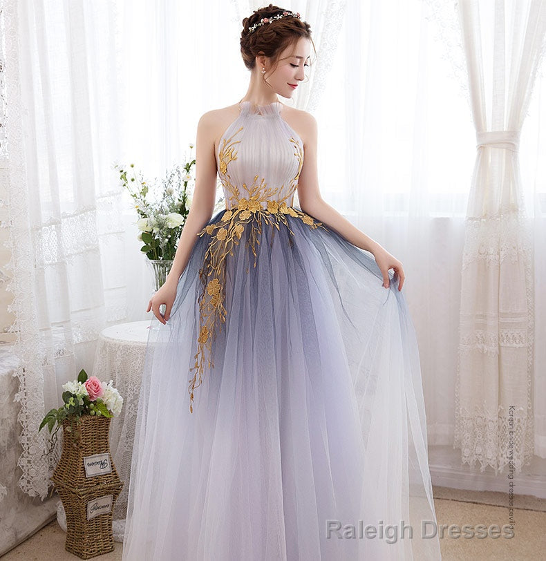 Beautiful Gradient Halter Tulle Evening Gown With Lace, Long Prom Dress