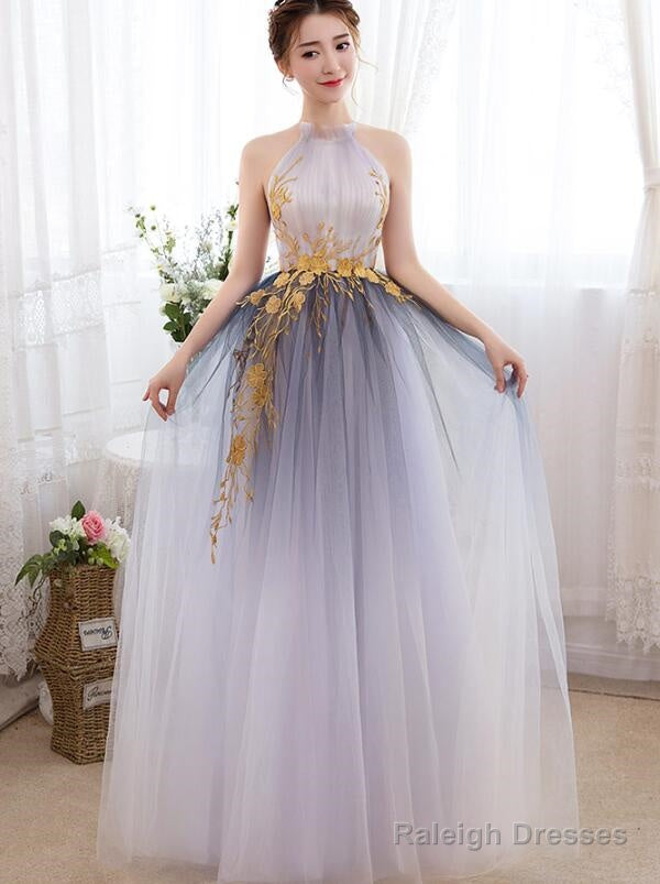 Beautiful Gradient Halter Tulle Evening Gown With Lace, Long Prom Dress Main image