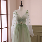 Beautiful Gradient Tulle Green Beaded Long Sleeves Prom Dresses Green Prom Dresses