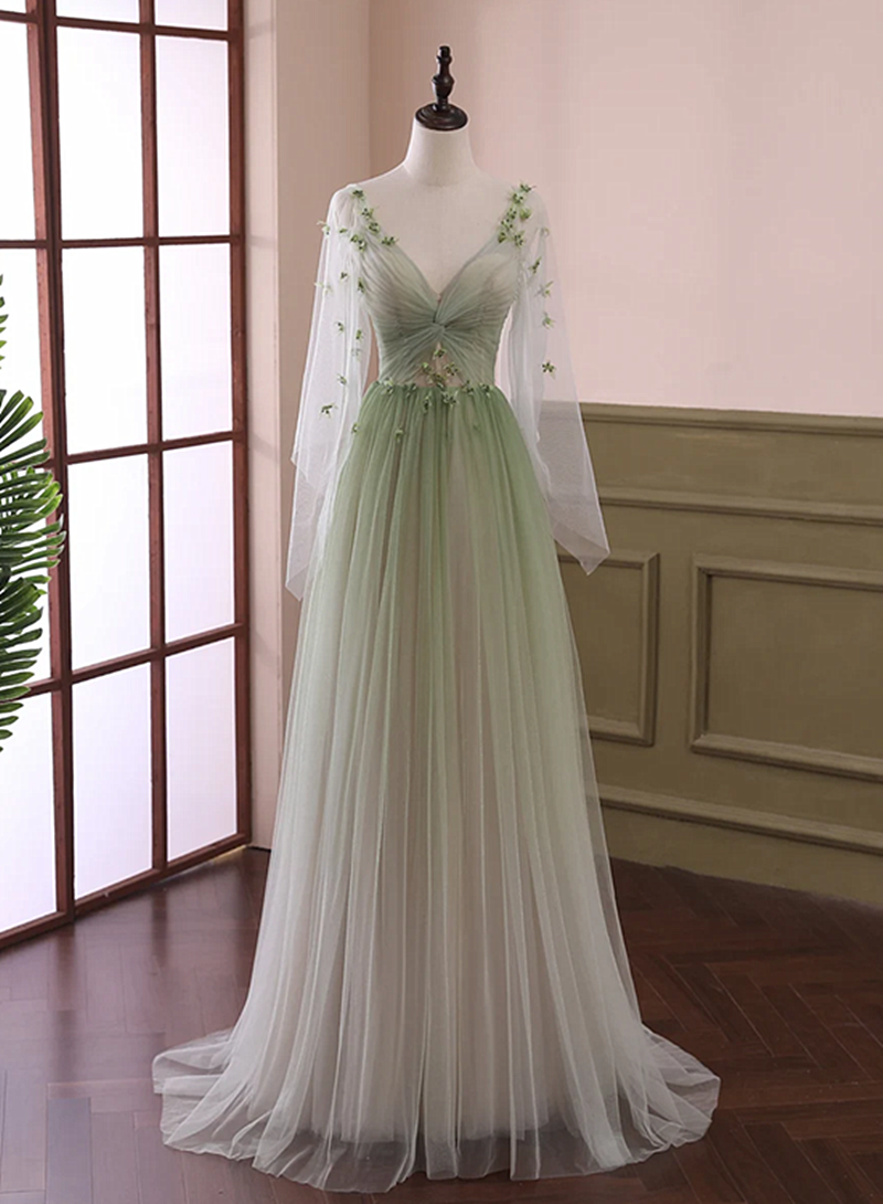 Beautiful Gradient Tulle Green Beaded Long Sleeves Prom Dresses Green Prom Dresses Main image