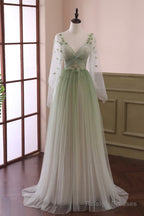 Beautiful Gradient Tulle Green Long Sleeves Party Dress, Green Evening Formal Dresses