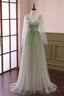 Beautiful Gradient Tulle Green Long Sleeves Party Dress, Green Evening Formal Dresses