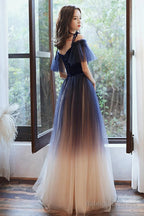 Beautiful Gradient Tulle Long Prom Dresses Blue Velvet And Lace Prom Graduation Dresses