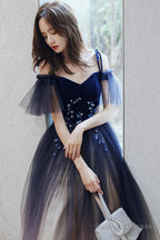 Beautiful Gradient Tulle Long Prom Dresses Blue Velvet And Lace Prom Graduation Dresses