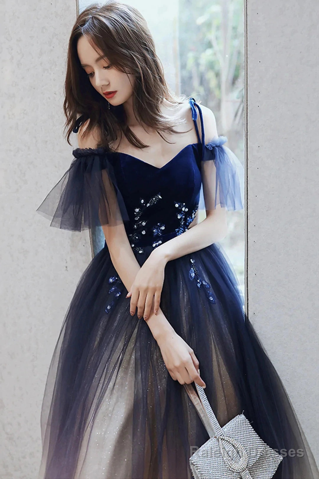 Beautiful Gradient Tulle Long Prom Dresses Blue Velvet And Lace Prom Graduation Dresses