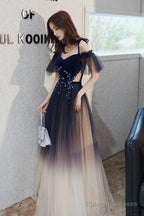 Beautiful Gradient Tulle Long Formal Dress, Blue Velvet And Lace Evening Graduation Dress
