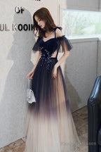 Beautiful Gradient Tulle Long Prom Dresses Blue Velvet And Lace Prom Graduation Dresses