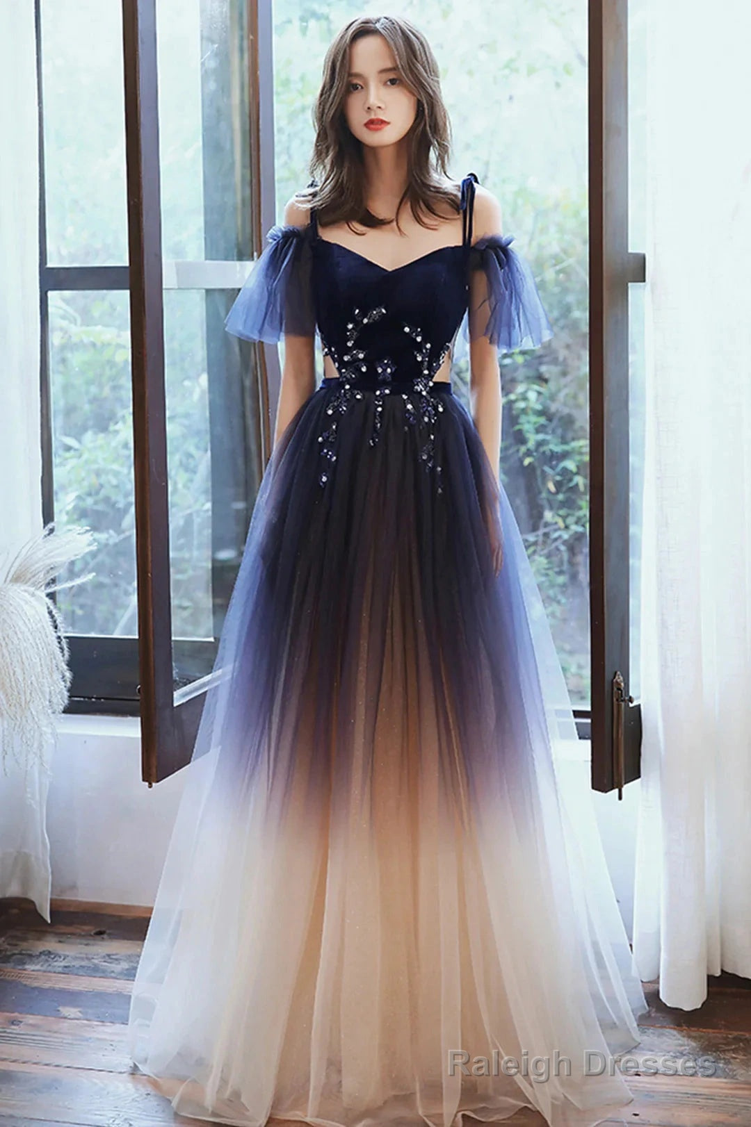 Beautiful Gradient Tulle Long Prom Dresses Blue Velvet And Lace Prom Graduation Dresses