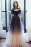Beautiful Gradient Tulle Long Prom Dresses Blue Velvet And Lace Prom Graduation Dresses