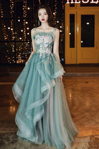 Beautiful Green And Pink Tulle Straps Long Party Dress Prom Dress, A-Line Formal Dress