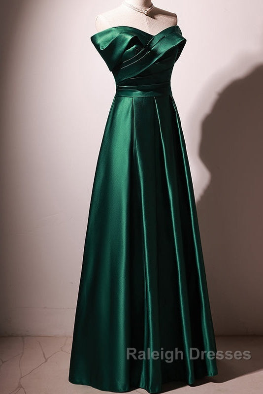 Beautiful Green Satin A-Line Off Shoulder Prom Dresses, Green Evening Dress Party Dresses