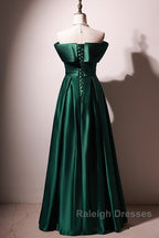 Beautiful Green Satin A-Line Off Shoulder Prom Dresses, Green Evening Dress Party Dresses