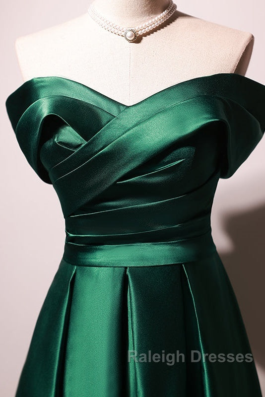 Beautiful Green Satin A-Line Off Shoulder Prom Dresses, Green Evening Dress Party Dresses