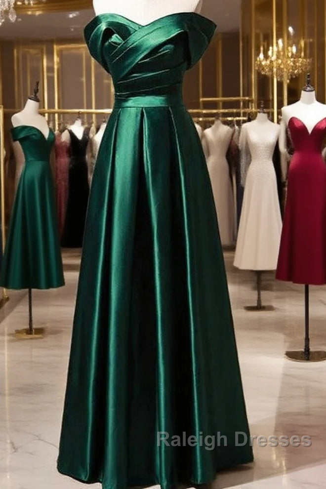 Beautiful Green Satin A-Line Off Shoulder Prom Dresses, Green Evening Dress Party Dresses