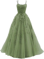 Beautiful Green Tulle With Lace Applique Formal Gown, Green Evening Prom Dress