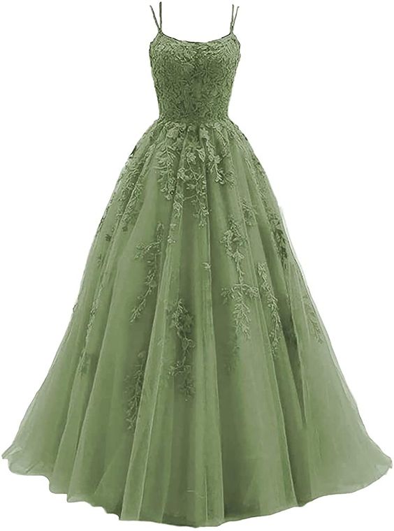 Beautiful Green Tulle With Lace Applique Prom Gowns Green Prom Dresses Main image