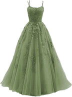 Beautiful Green Tulle With Lace Applique Prom Gowns Green Prom Dresses