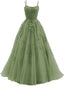 Beautiful Green Tulle With Lace Applique Prom Gowns Green Prom Dresses