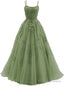 Beautiful Green Tulle With Lace Applique Prom Gowns Green Prom Dresses