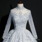 Beautiful Grey A-Line Long Sleeves With Lace Prom Gowns Sweet 16 Dresses