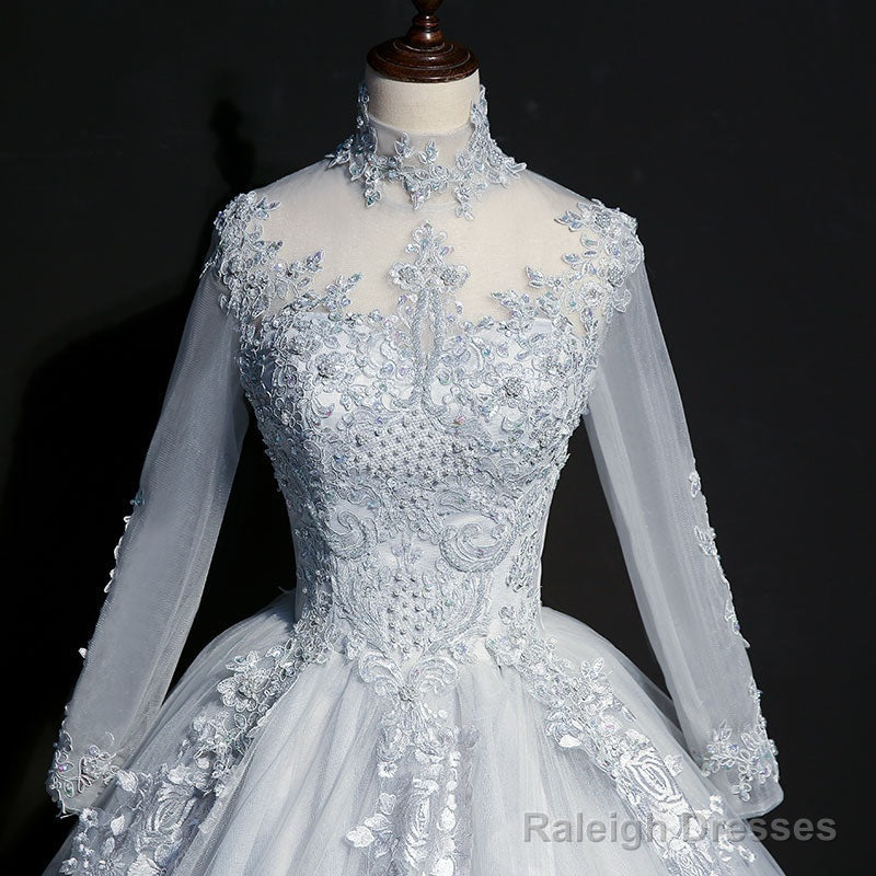Beautiful Grey A-Line Long Sleeves With Lace Prom Gowns Sweet 16 Dresses