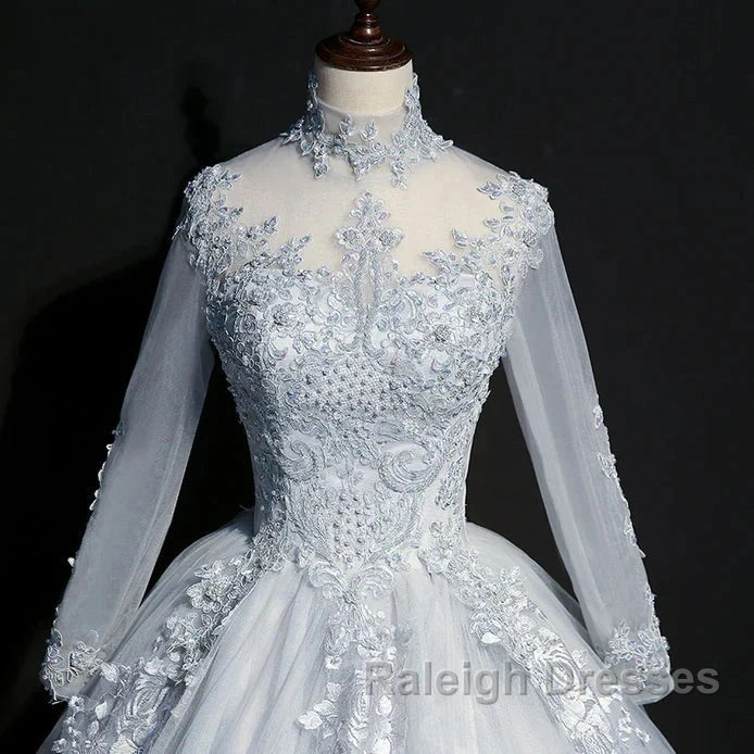 Beautiful Grey A-Line Long Sleeves With Lace Prom Gown Sweet 16 Dresses Prom Dresses