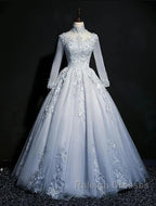 Beautiful Grey A-Line Long Sleeves With Lace Prom Gown Sweet 16 Dresses Prom Dresses
