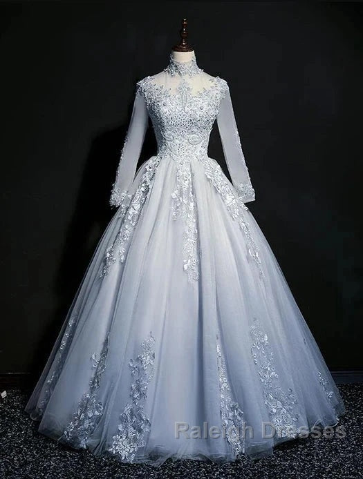 Beautiful Grey A-Line Long Sleeves With Lace Prom Gown Sweet 16 Dresses Prom Dresses