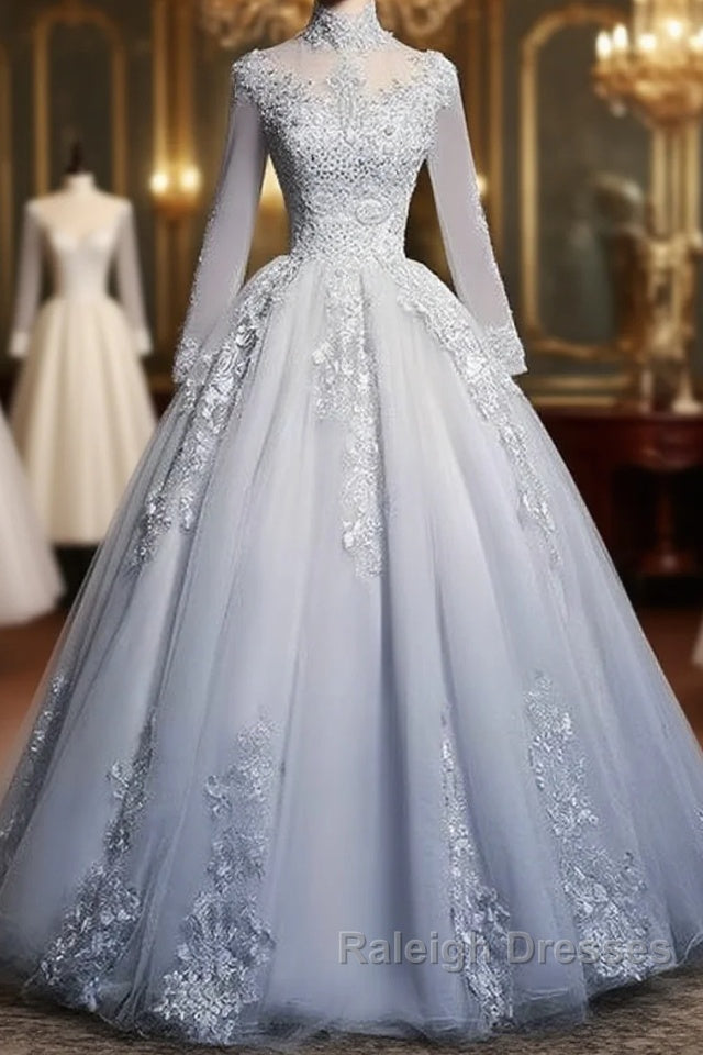 Beautiful Grey A-Line Long Sleeves With Lace Prom Gown Sweet 16 Dresses Prom Dresses Main image