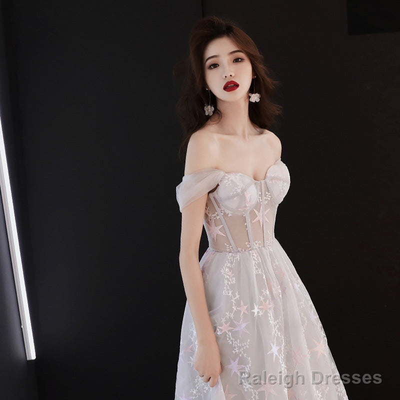 Beautiful Grey Off Shoulder Sweetheart Long Party Dress Prom Dress, Grey Evening Dress Secondary image