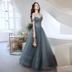 Beautiful Grey Tulle Off Shoulder Long Prom Party Dress, Grey Evening Dresses