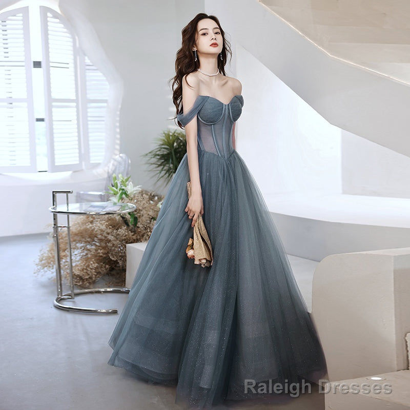 Beautiful Grey Tulle Off Shoulder Long Prom Party Dress, Grey Evening Dresses