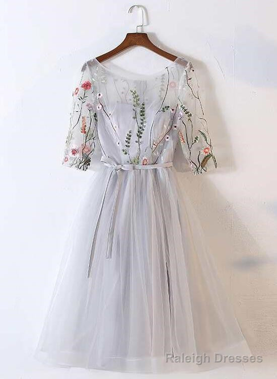 Beautiful Grey Tulle Round Neckline With Flowers Prom Dresses Short Prom Dresses Main image
