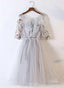 Beautiful Grey Tulle Round Neckline With Flowers Prom Dresses Short Prom Dresses