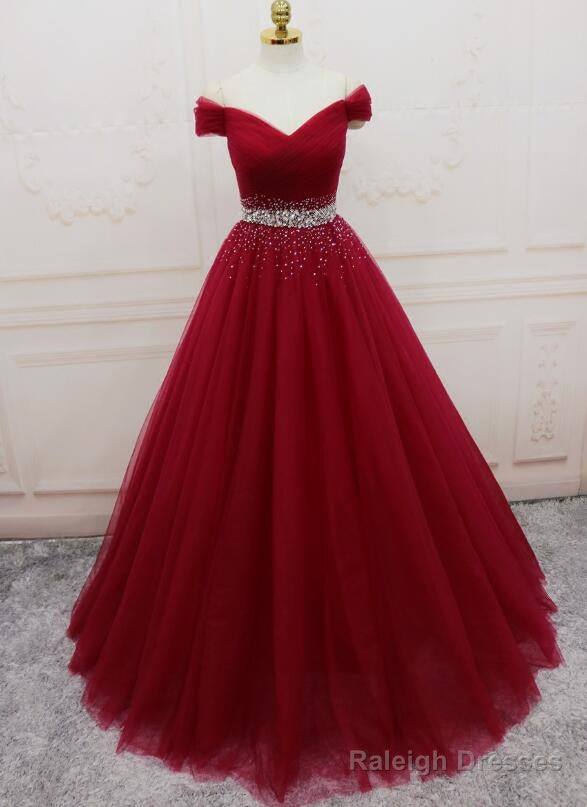 Beautiful Handmade A-Line Prom Dress , Off Shoulder Wine Red Party Dress