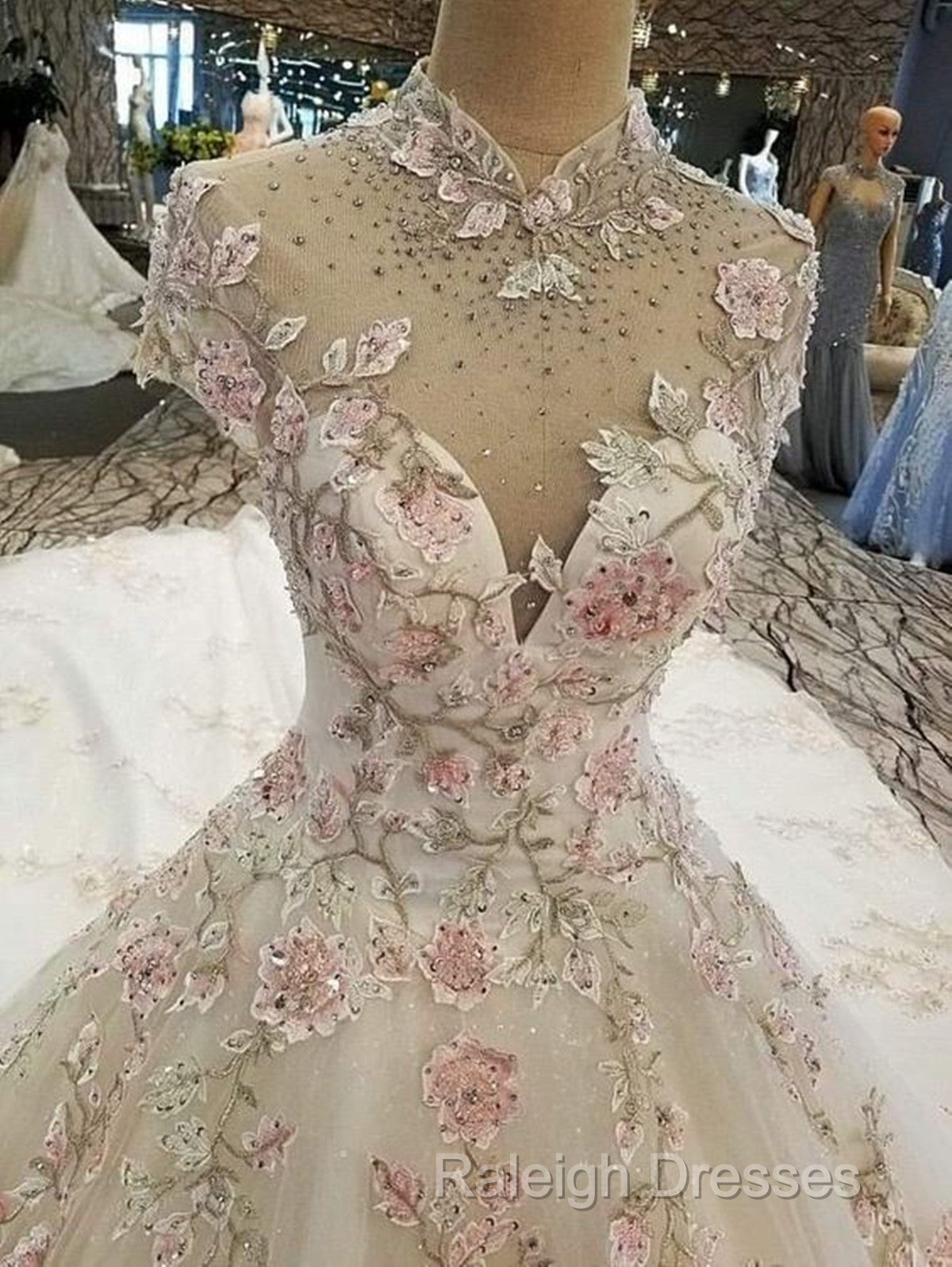 Beautiful Ivory High Neckline Tulle With Flower Lace Party Dress, Ivory Wedding Dress Secondary image