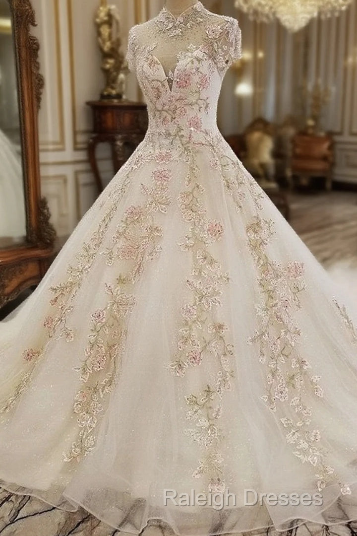 Beautiful Ivory High Neckline Tulle With Flower Lace Party Dress, Ivory Wedding Dress Main image