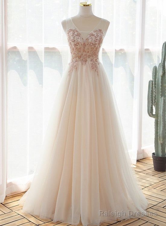 Beautiful Ivory V-Neckline Floor Length Tulle Prom Dress, Beaded Formal Dress Evening Dress Main image