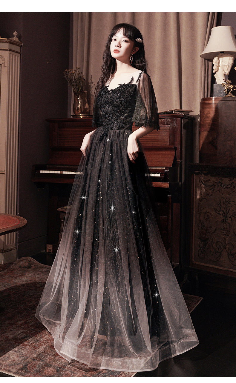 Beautiful Lace Applique Top Gradient Tulle Long Prom Dresses Black Long Prom Dresses Prom Dress