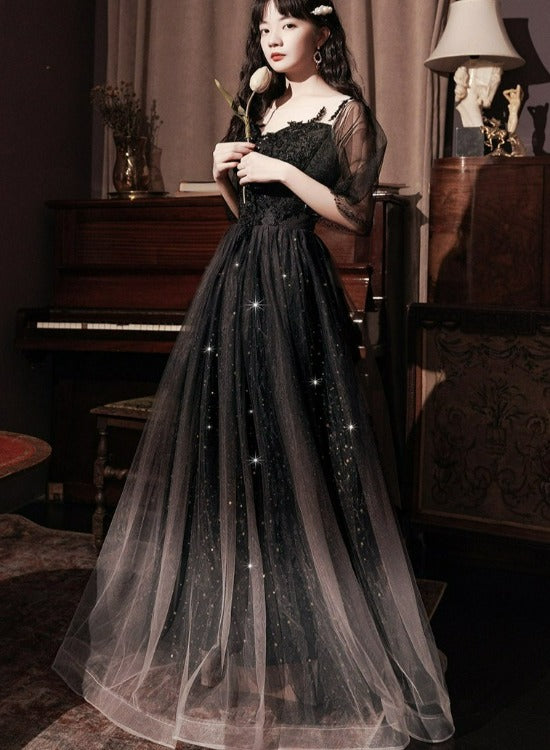 Beautiful Lace Applique Top Gradient Tulle Long Prom Dresses Black Long Prom Dresses Prom Dress Main image