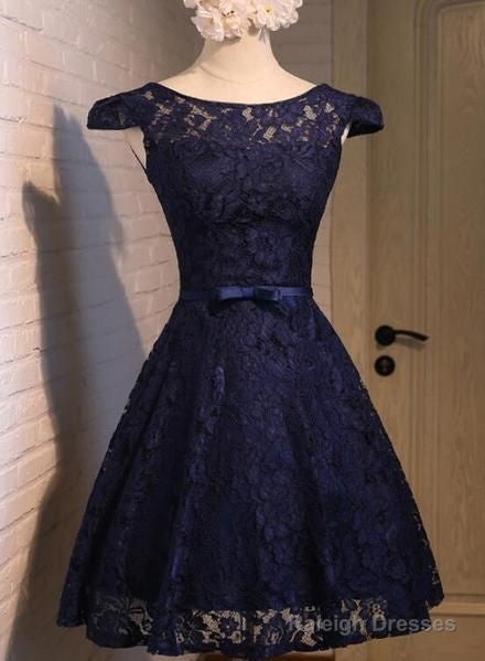Beautiful Lace Navy Blue Short Party Dress, Lace Homecoming Dress