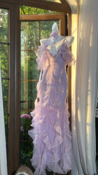 Beautiful Lavender Deep V-Neck Suspender Lace Ruffled Mermaid Formal Prom Dress