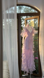 Beautiful Lavender Deep V-Neck Suspender Lace Ruffled Mermaid Formal Prom Dress
