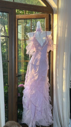 Beautiful Lavender Deep V-Neck Suspender Lace Ruffled Mermaid Formal Prom Dress