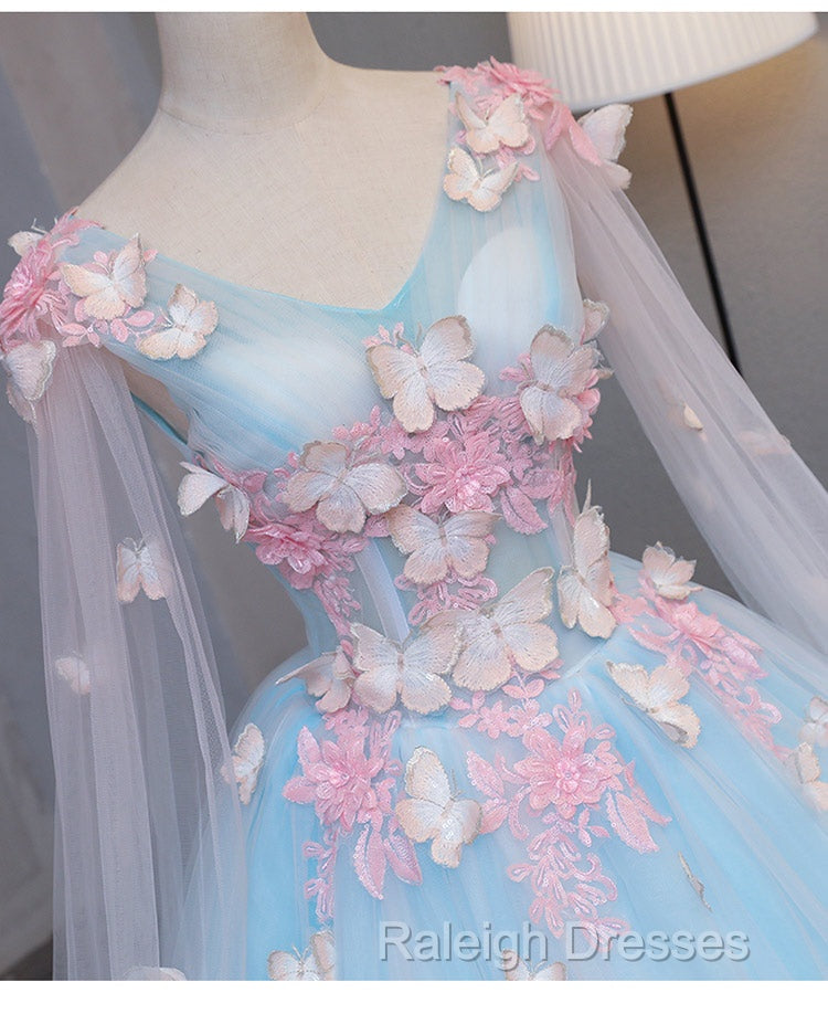 Beautiful Light Blue Butterfly Lace Ball Gown Prom Dresses, Sweet 16 Formal Dresses Secondary image