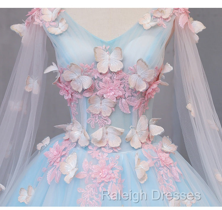 Beautiful Light Blue Butterfly Lace Ball Gown Prom Dress Sweet 16 Prom Dress