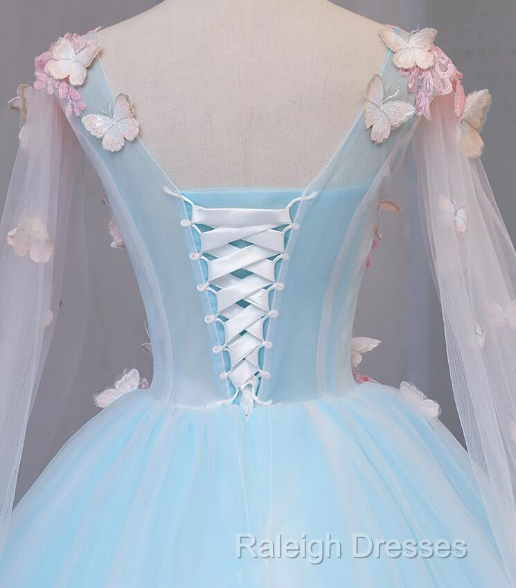Beautiful Light Blue Butterfly Lace Ball Gown Prom Dresses, Sweet 16 Formal Dresses