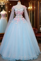 Beautiful Light Blue Butterfly Lace Ball Gown Prom Dresses, Sweet 16 Formal Dresses