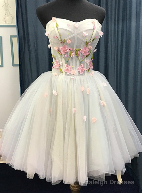 Beautiful Light Blue Short Sweetheart Homecoming Dresses Tulle Flowers Prom Dresses